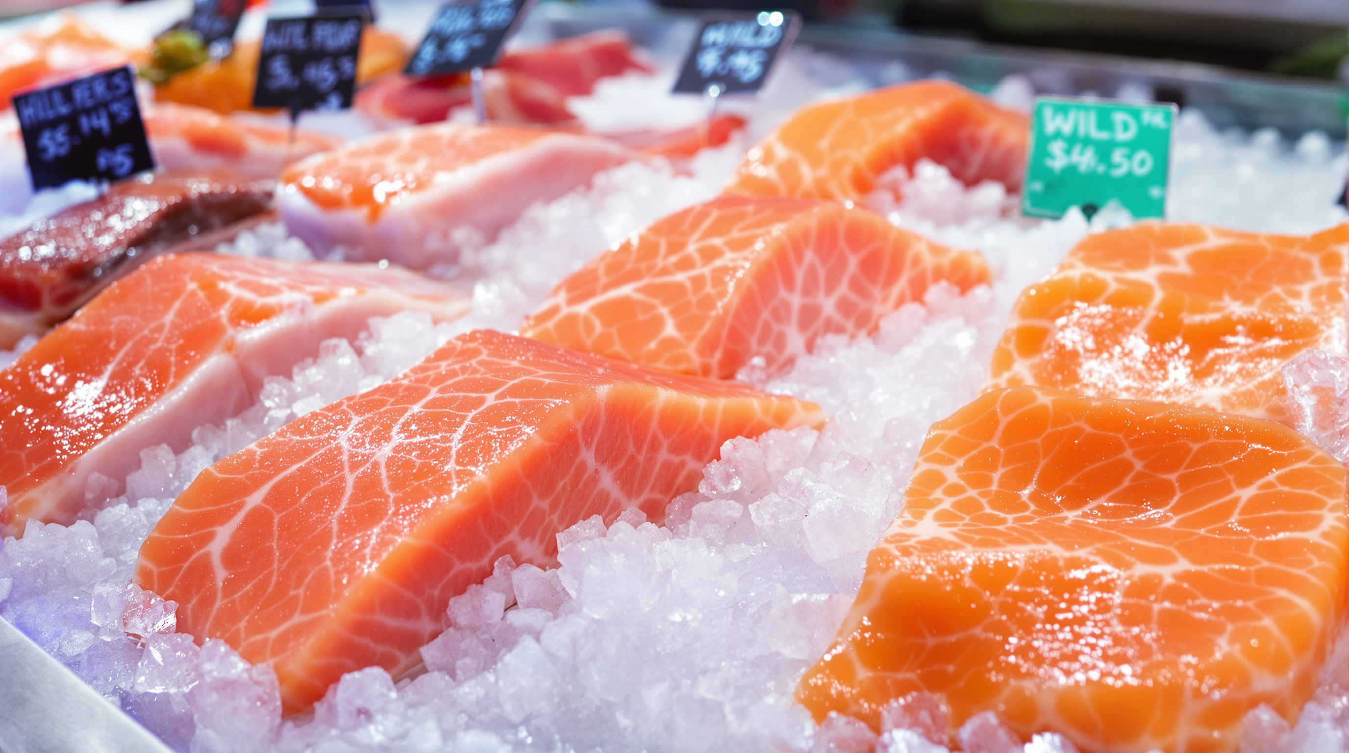 Fresh wild salmon display at seafood market