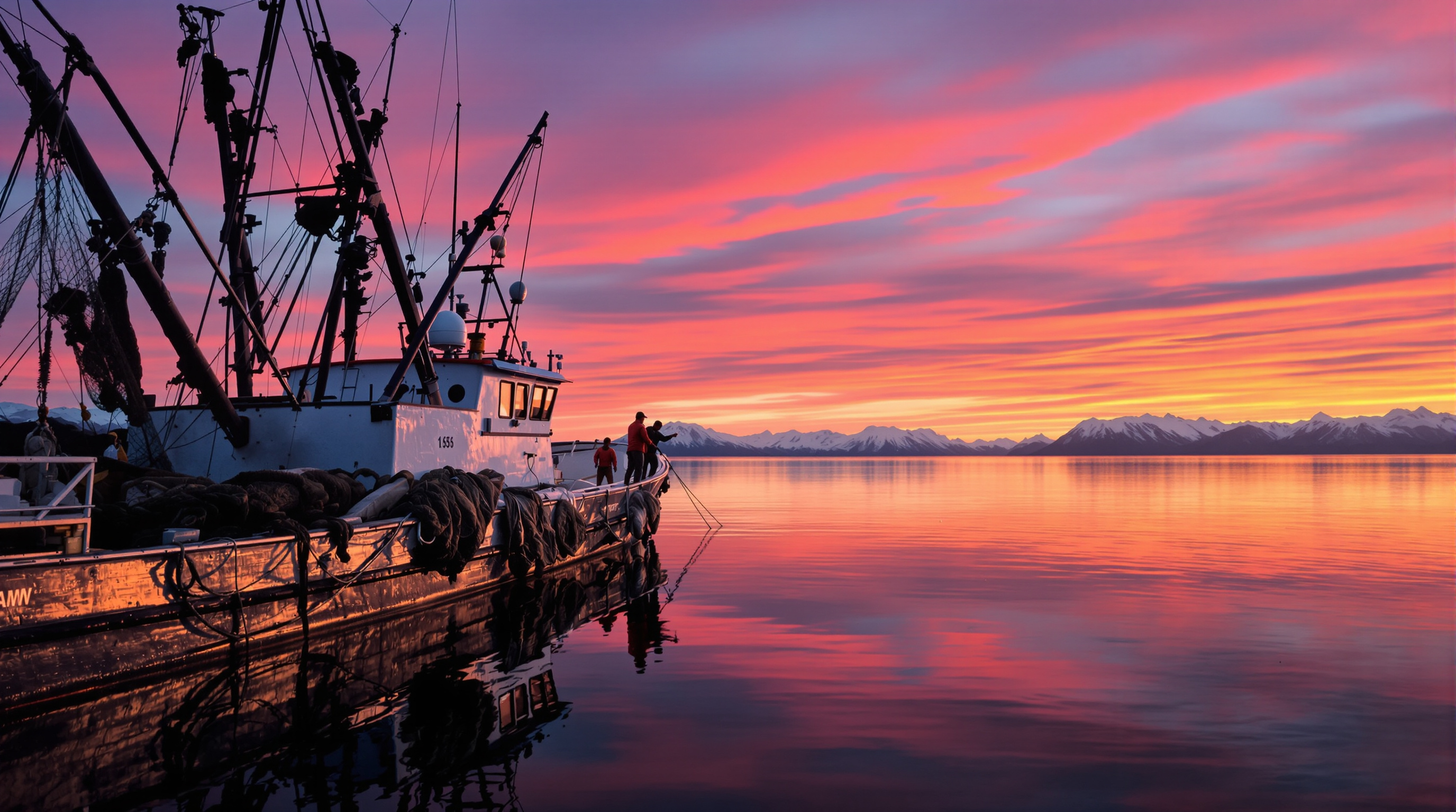Alaska commercial salmon fishing boat at sunset