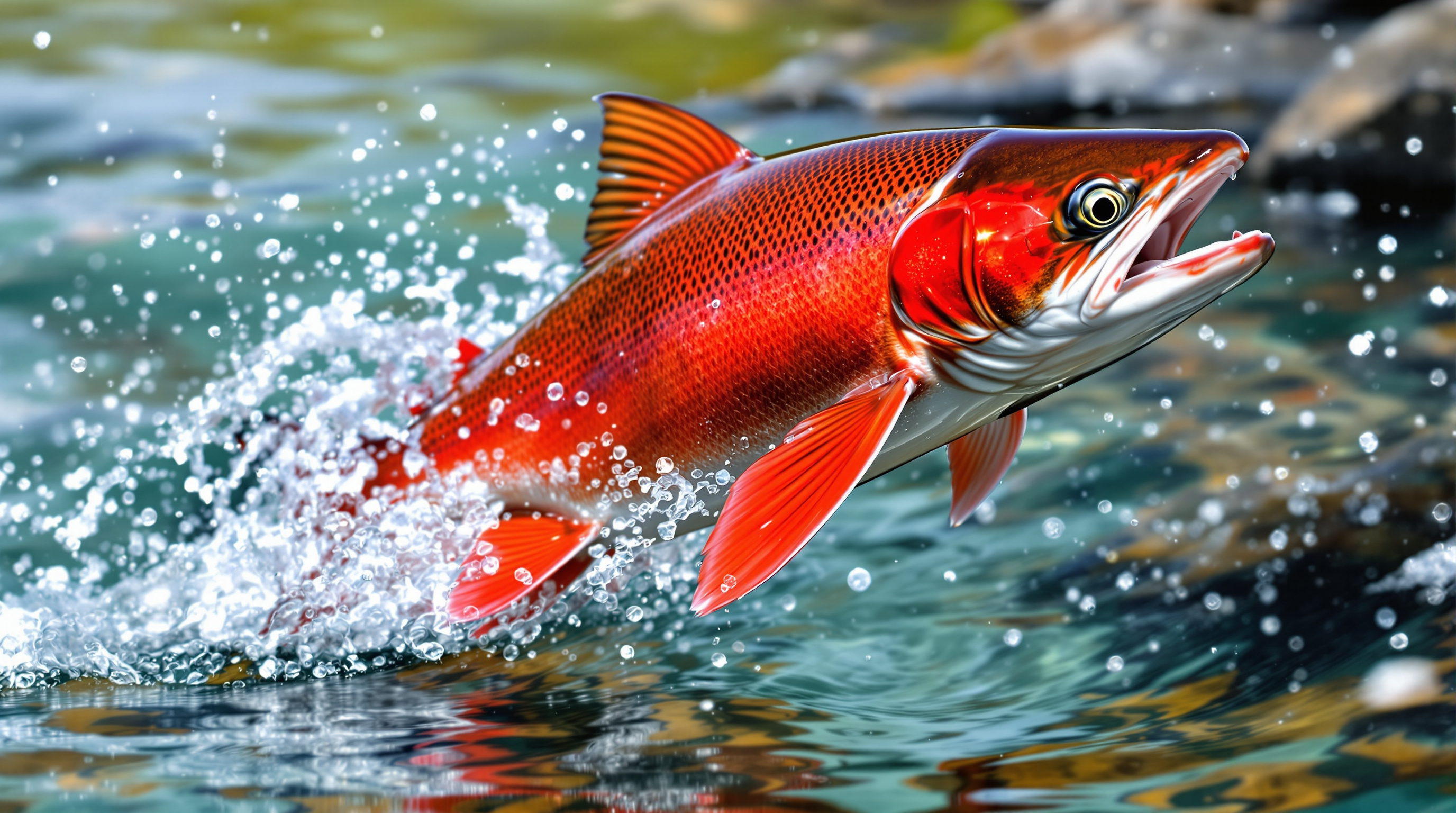 Wild sockeye salmon leaping through Alaskan river
